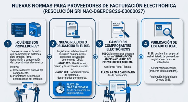 Infografía de la Resolución SRI NAC-DGERCGC26-00000027: registro obligatorio en el RUC de proveedores de facturación electrónica en Ecuador, códigos CIIU J62021002 y J62021003, plazos de 30 y 60 días y RUC del proveedor en el comprobante.